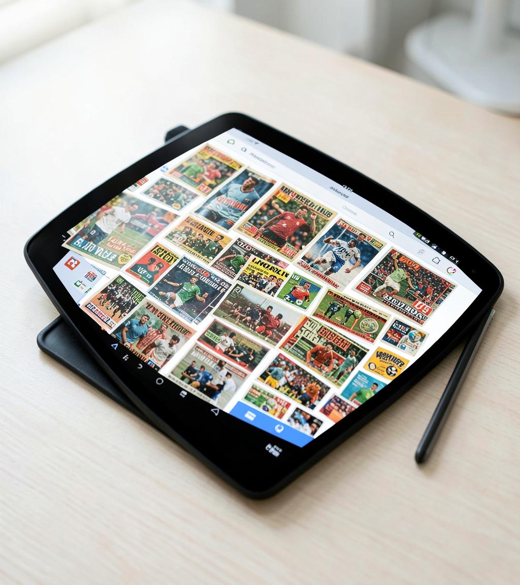 Tablet aberto no Google Drive mostrando pastas cheias de capas clássicas de revistas e álbuns de futebol